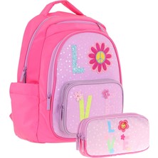 Kaukko Kids Simli Love Desenli Kız Çocuk Okul Çantası ve Üç Gözlü Kalem Çantası Seti (L5211+L8211)