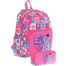 Kaukko Kız Çocuk Dört Gözlü Okul Çantası ve Üç Gözlü Kalem Çantası Seti - Pembe Mavi - Love (L5229+L8229)