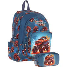 Kaukko Kids (L5282+L8282) Üç Gözlü Erkek Çocuk Okul Çantası ve Kalem Çantası Seti - Yeşil Kırmızı - Arazi Aracı Baskılı