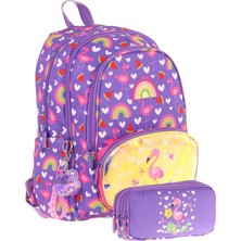 Kaukko Kız Çocuklar Için Okul Sırt Çantası (L5226) ve Üç Bölmeli Kalemlik (L8226) Seti - Mor Pembe - Flamingo Nakışlı ve Baskılı