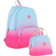 Kaukko Rainbow Üç Bölmeli Ilkokul Çantası ve Beslenme Çantası Seti - Mavi Pembe Renk Geçişli