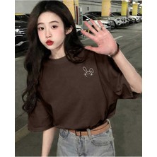 Oversize T-Shirt Baskılı Kahverengi Renk