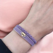 Archin Bal Maske Temalı 14 Ayar Altın Plakalı Doğal Mor Derili Kalp Motifli Hediye Bileklik-453SEMBOL