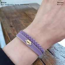 Archin Ekim Ayı Doğumları İçin Kalp Motifli 14 Ayar Altın Plakalı Doğal Mor Derili Hediye Bileklik-453AY