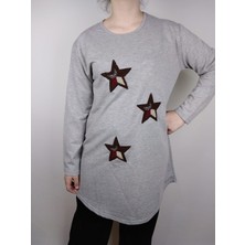 Kadın Gri Bisiklet Yaka Uzun Kollu Yıldız Işlemeli Iki Iplik Tunik