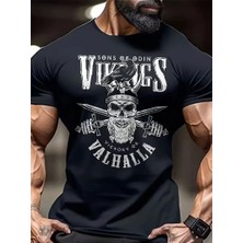 Tarz Yeri 20/1 Penye Compack Vikings Valhalla Baskılı Oversize Bisiklet Yaka T-shirt - Siyah -