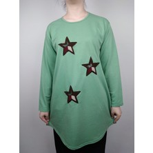 Kadın Mint Yeşili Bisiklet Yaka Uzun Kollu Yıldız Işlemeli Iki Iplik Tunik