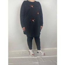 Kadın Siyah Bisiklet Yaka Uzun Kollu Yıldız Işlemeli Iki Iplik Tunik