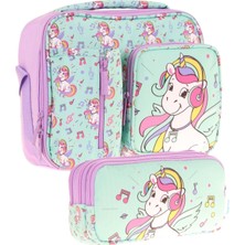 Kaukko Kids Kız Çocuk Turkuaz Unicorn Baskılı Üç Bölmeli Thermo Beslenme Çantası ve Kalemlik Seti (L7234+L8234)