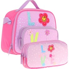 Kaukko Simli Love Baskılı Kız Çocuk Isı Yalıtımlı Beslenme Çantası ve Kalemlik Seti (L7211+L8211)