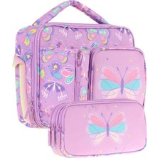 Kaukko Kids Kız Çocuk Lila Kelebek Desenli Üç Bölmeli Thermo Beslenme Çantası ve Kalemlik Seti (L7222+L8222)
