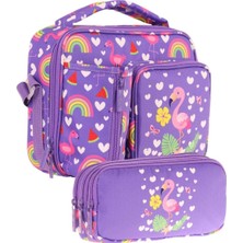 Kaukko Kids Kız Çocuk Pembe Mor Flamingo Üç Bölmeli Thermo Beslenme Çantası ve Kalemlik Seti (L7226+L8226)