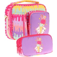 Kaukko Kids Kız Çocuk Sarı Mor Dondurma Baskılı Üç Bölmeli Thermo Beslenme Çantası ve Kalemlik Seti (L7247+L8247)