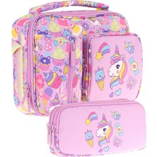 Kaukko Kids Kız Çocuk Lila Unicorn Üç Bölmeli Thermo Beslenme Çantası ve Kalemlik Seti (L7215+L8215)