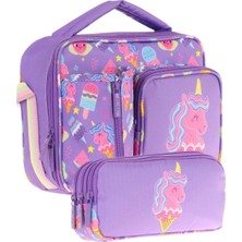 Kaukko Kids Kız Çocuk Lila Pembe Unicorn Desenli Üç Bölmeli Thermo Beslenme Çantası ve Kalemlik Seti (L7224+L8224)