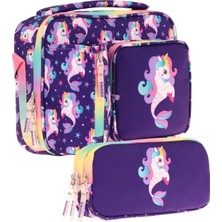 Kaukko Kids Kız Çocuk Mor Çok Renkli Unicorn ve Denizkızı Üç Bölmeli Thermo Beslenme Çantası ve Kalemlik Seti (L7228+L8228)