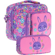 Kaukko Kids Kız Çocuk Mor Pembe Tavşan Baskılı Üç Bölmeli Thermo Beslenme Çantası ve Kalemlik Seti (L7220+L8220)