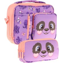 Kaukko Kids Kız Çocuk Mor Somon Panda Desenli Üç Bölmeli Thermo Beslenme Çantası ve Kalemlik Seti (L7233+L8233)