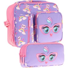 Kaukko Kids Kız Çocuk Lila Pembe Kedi Baskılı Üç Bölmeli Thermo Beslenme Çantası ve Kalemlik Seti (L7236+L8236)