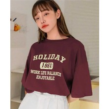 Oversize T-Shirt Baskılı Bordo Renk