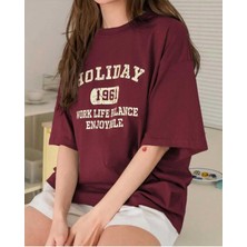 Oversize T-Shirt Baskılı Bordo Renk