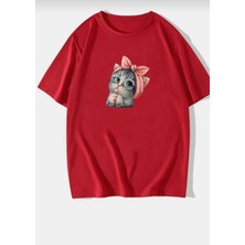 Oversize T-Shirt Kedi Baskılı Kırmızı Renk