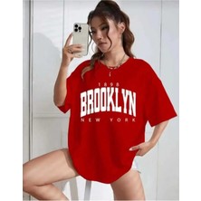 Oversize T-Shirt Broklıyn Baskılı Kırmızı Renk