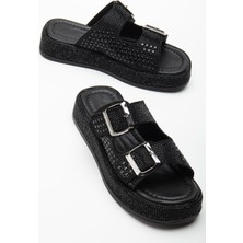 Kadın Dolgu Topuklu Terlik Siyah Çift Bantlı Taşlı Tokalı