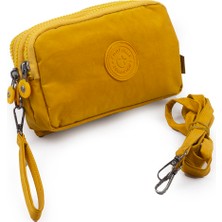 Krinkıl / Klinkır Su Geçirmez Kumaş 3 Fermuarlı Bileklik Omuz Askılı Cep Telefon Taşıma Çanta Cüzdan Hardal Sarı 3031