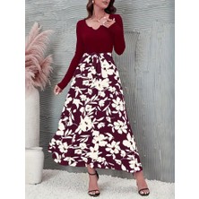 Modavera Kadın Uzun Kollu Yaka Açık Üst Kaşkorse Beli Kuşaklı Alt Çiçek Baskılı Dalgıç Elbise