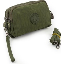 Krinkıl / Klinkır Su Geçirmez Kumaş 3 Fermuarlı Bileklik Omuz Askılı Cep Telefon Taşıma Çanta Cüzdan Koyu Yeşil 3031