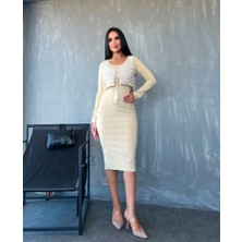 Modavera Kadın Bisiklet Yaka Midi Boy Elbise ve Dantel Güpür Detay Yelek Fırsat Ürün Ikili Takım