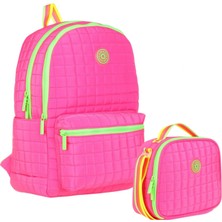 Kaukko Kız Çocuk Kapitone Detaylı Pembe Yeşil Okul Çantası ve Kalemlik SETI(K1771+K9046)