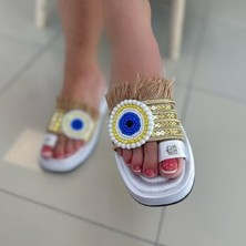 Nazar Boncuklu Jüt Terlik Beyaz