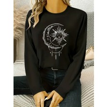 Modavera Kadın Uzun Kollu Bisiklet Yaka Ay Baskılı Viskon Bluz