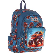Kaukko Kids Üç Bölmeli (Yeşil Kırmızı - Arazi Aracı Baskılı) Erkek Çocuk Okul ve Günlük Sırt Çantası - L5282