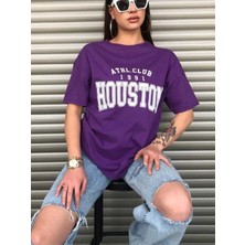 Oversize T-Shirt Houston Baskılı Mor Renk