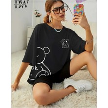 Oversize T-Shirt Ayı Baskılı Siyah Renk
