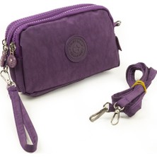 Krinkıl / Klinkır Su Geçirmez Kumaş 3 Fermuarlı Bileklik Omuz Askılı Cep Telefon Taşıma Çanta Cüzdan Mor 3031