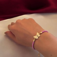 Archin I Harfine Özel 14 Ayar Altın Plakalı Pembe Derili Kelebek Motifli Hediye Bileklik-455Harf