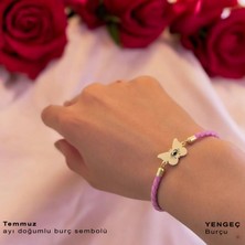 Archin Yengeç Burçlarına Özel Kelebek Motifli 14 Ayar Altın Plakalı Pembe Derili Hediye Bileklik-455BURÇ