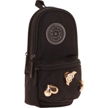 Kaukko Çanta Şekilli Kız Çocuk Üç Bölmeli Kalemlik - Siyah - Metal Aksesuarlı - K2742