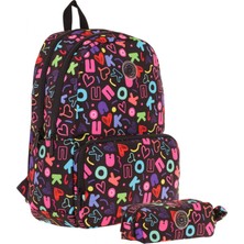 Kaukko Brokar Kalp ve Kaukko Baskılı Siyah Kız Çocuk Okul Çantası ve Kalemlik Seti