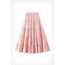 Pembe Katlamalı Kurdeleli Uzun Etek