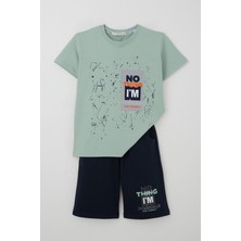 Breeze Erkek Çocuk Şortlu Takım Püskürtme Boya Desenli Yazı Baskılı 5-10 Yaş, Mint Yeşili