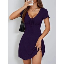 Modavera Kadın Kısa Kollu Derin Büzgülü V Yakalı Viskon Elbise