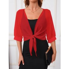 Modavera Kadın Truvakar Kollu Önden Bağlamalı Kısa Şifon Bolero Ceket