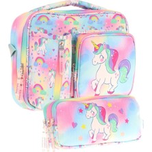 Kaukko Kids Kız Çocuk Çok Renkli Unicorn Baskılı Üç Bölmeli Thermo Beslenme Çantası ve Kalemlik Seti (L7243+L8243)