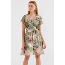 Modavera 2502 Kısa Kol Desenli Şifon Elbise - Çağla