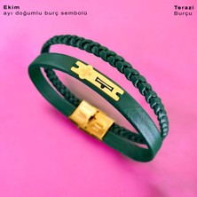 Archin Ekim Ayı Doğumları İçin Çiçek Figürlü 14 Ayar Altın Plakalı Yeşil Derili Hediye Bileklik-452AY